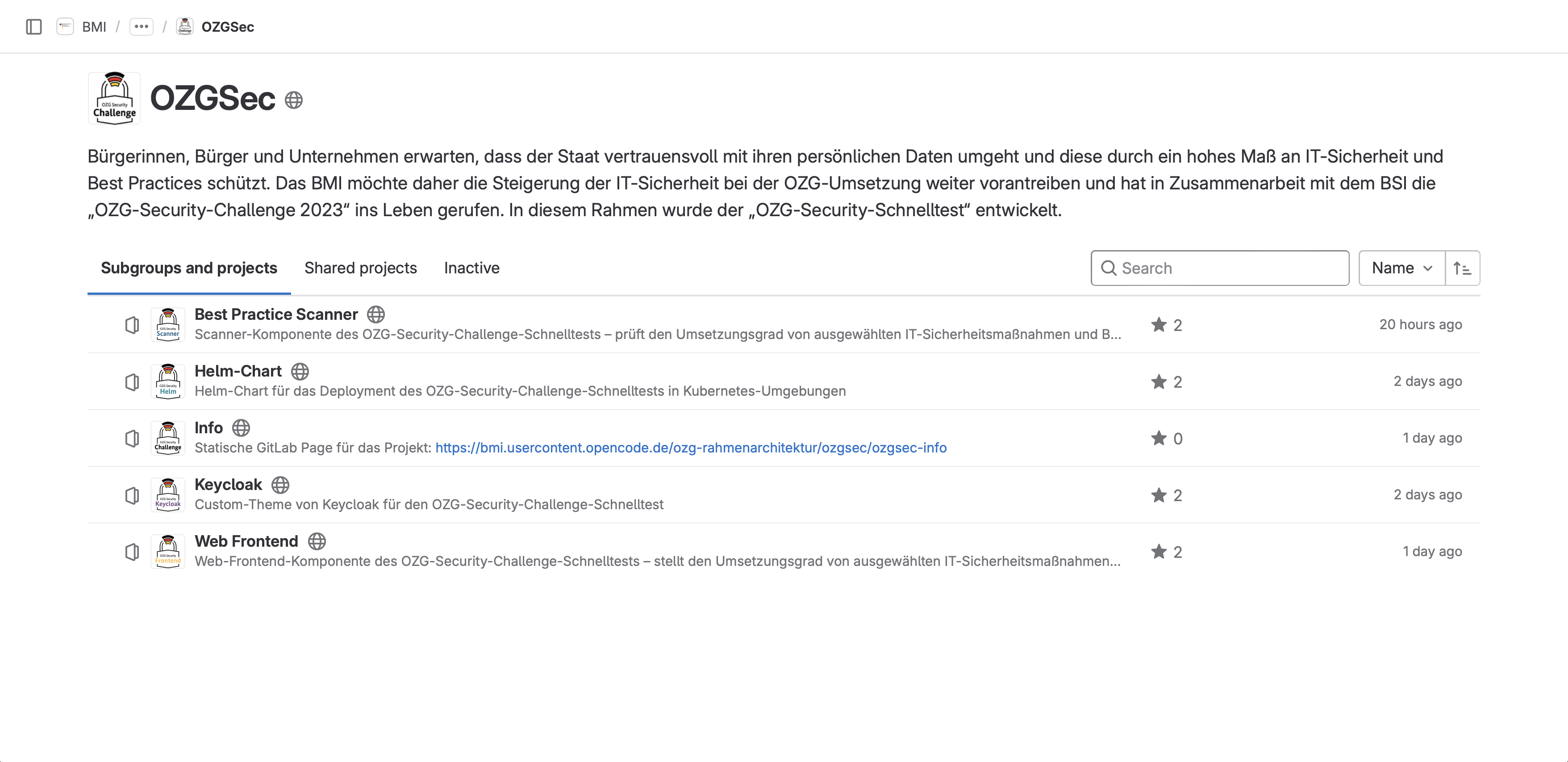 Screenshot der Repository-Gruppe des OZG Security Challenge Projekts auf der Open CoDE Plattform